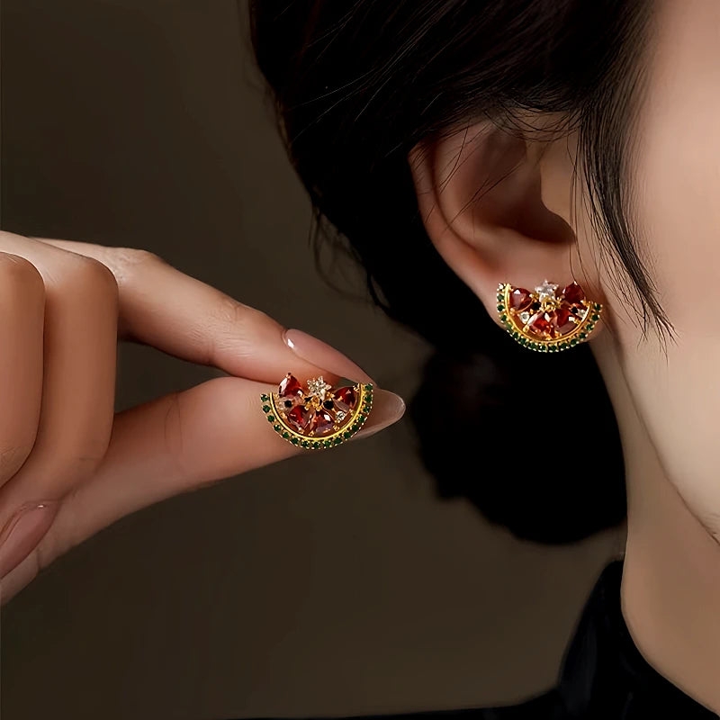 Angled view of the 14K Gold-Plated Elegant Zircon Watermelon Stud Earrings