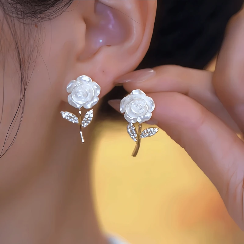 14K Gold-Plated Elegant Zircon White Camellia Flower Earrings - elegant Camellia Flower Earrings
