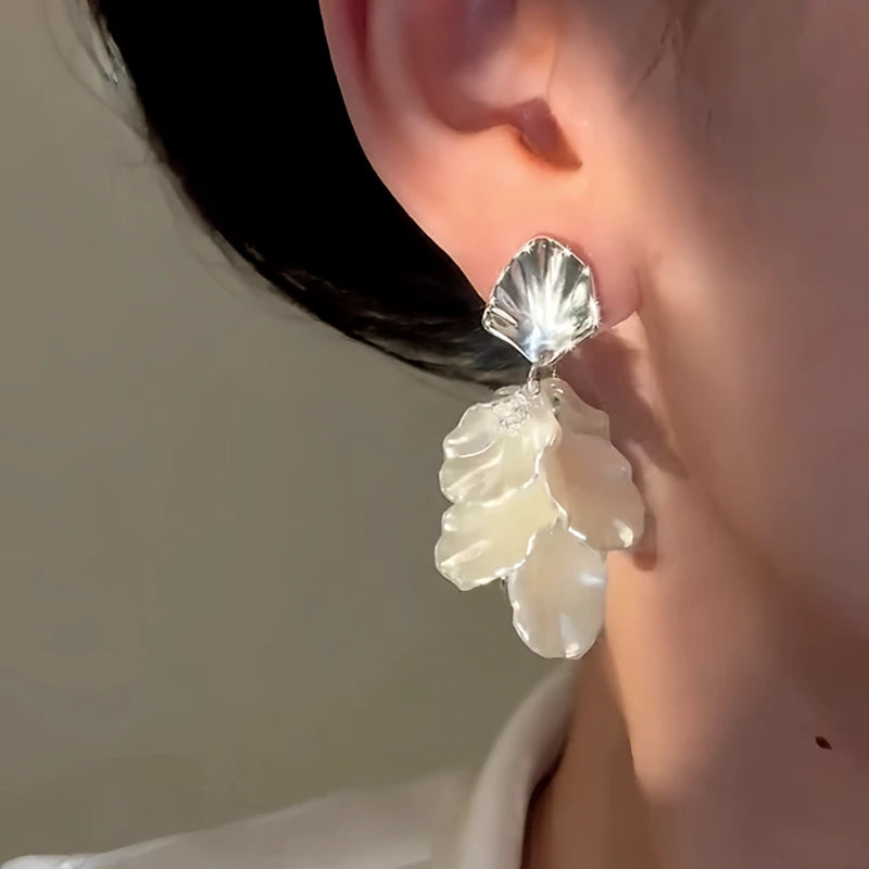 14K Gold-Plated Elegant Zircon White Petal Tassel Earrings - elegant Petal Tassel Earrings