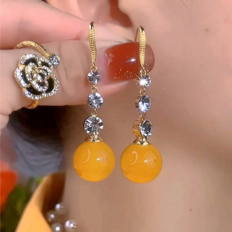 14K Gold-Plated Elegant Zircon Yellow Bead Ear Hooks - elegant Yellow Bead Ear Hooks