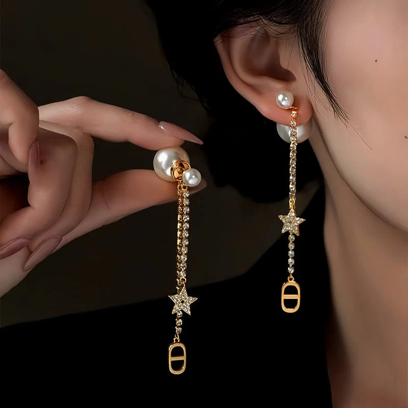 14K Gold-Plated Elegant Zircon Zircon Star Pearl Earrings - elegant Star Pearl Jacket Earrings