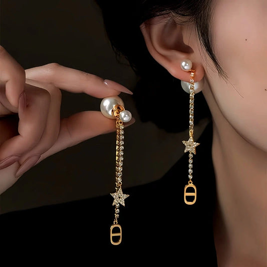 14K Gold-Plated Elegant Zircon Zircon Star Pearl Earrings - elegant Star Pearl Jacket Earrings
