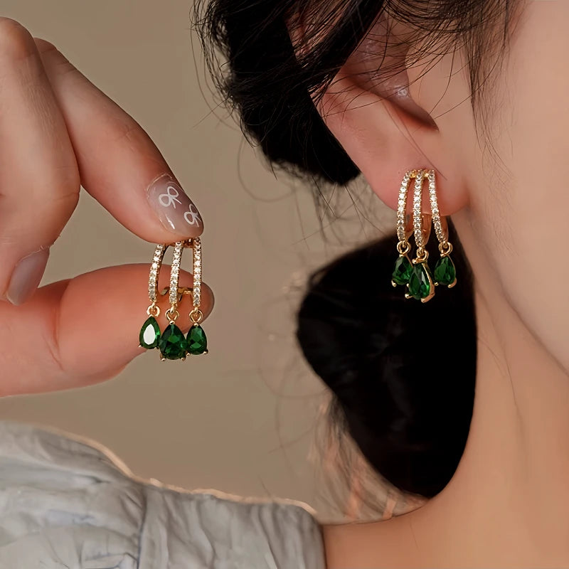 14K Gold-Plated Elegant Green Zircon Diamond Tassel Earrings - elegant Zircon Tassel Earrings