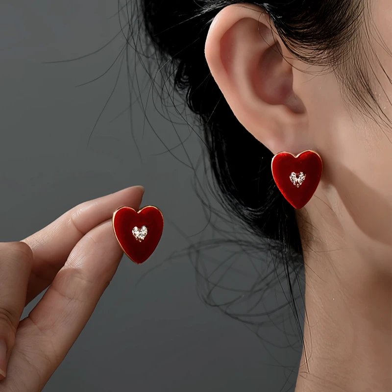 14K Gold-Plated Elegant Zircon Wine Red Heart Stud Earrings - elegant Red Heart Stud Earrings
