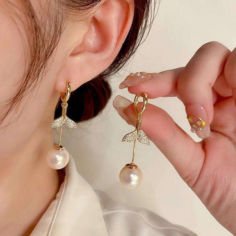 14K Gold-Plated Exquisite Diamond-Filled Fishtail Pearl Tassel Earrings - elegant Fishtail Pearl Tassel Earrings