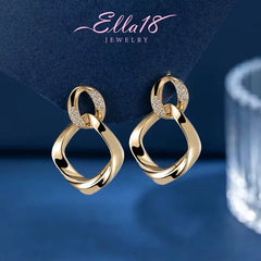 Angled view of the 14K Gold-Plated Exquisite Diamond Double-Layer Interlocking Earrings