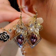 14K Gold-Plated Exquisite Diamond Flower Crystal Earrings - elegant Flower Crystal Earrings