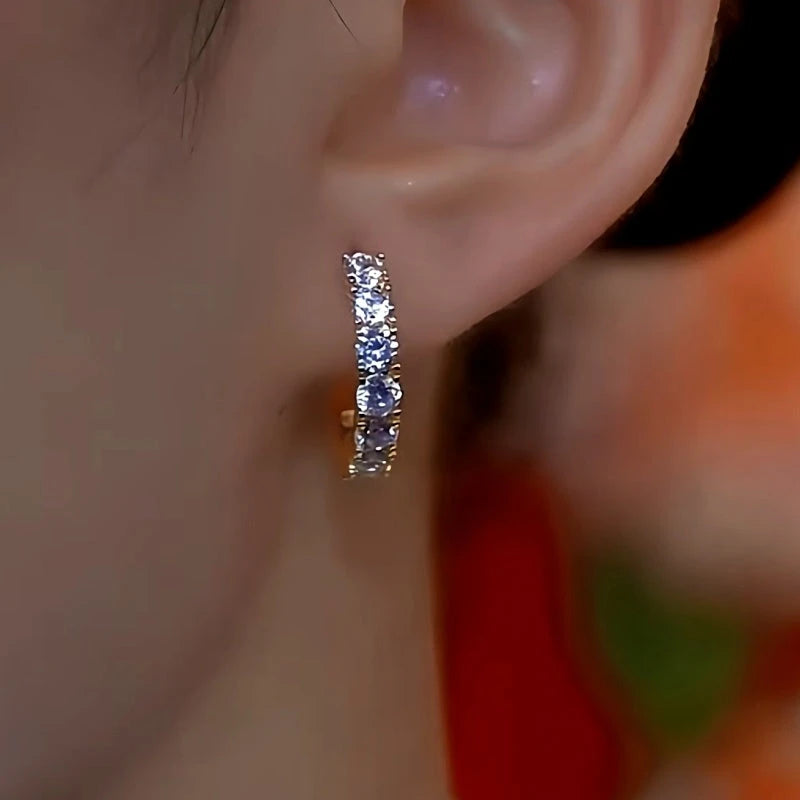 Model showcasing the dangle and style of the 14K Gold-Plated Exquisite Hot Style Zircon Hoop Earrings