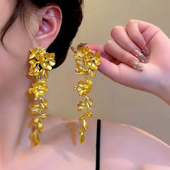 14K Gold-Plated Flower And Leaf Tassel Earrings - elegant Leaf Tassel Earrings
