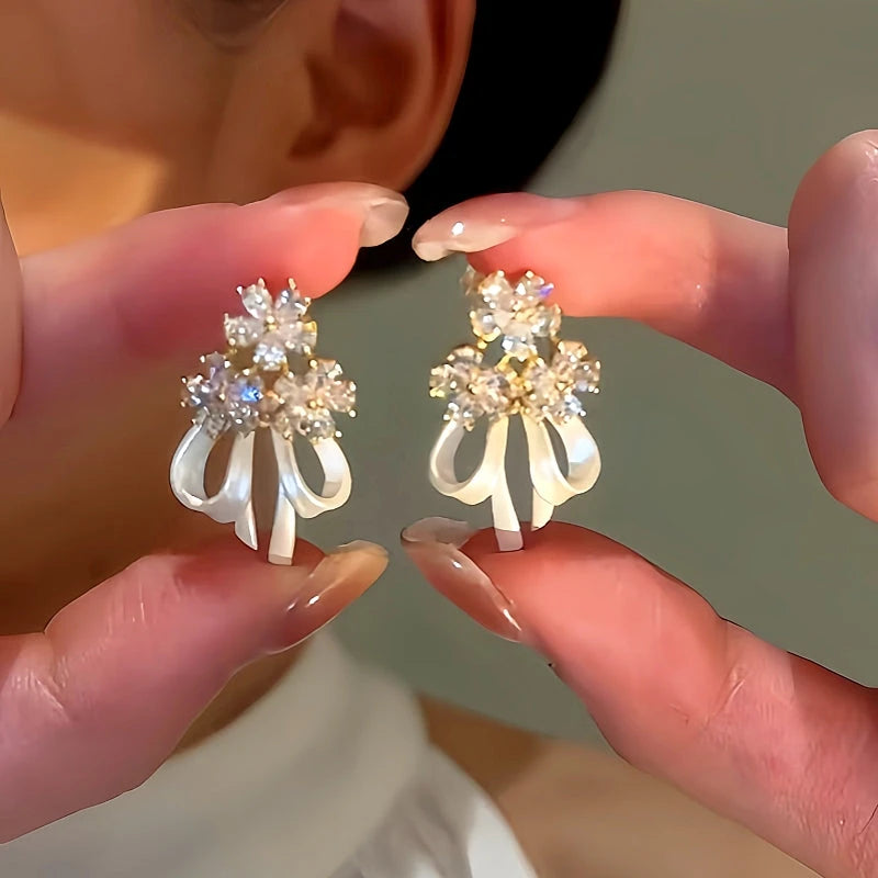 14K Gold-Plated Flower Bow Ribbon Earrings - elegant Flower Bow Earrings