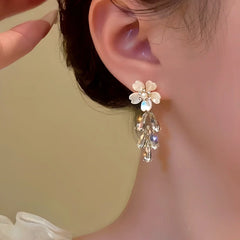Close-up detail of the sparkling zircons and plating on the Flower Tassel Earrings