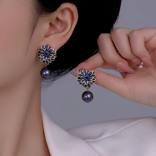 14K Gold-Plated Flower Pearl Earrings - elegant Blue Flower Pearl Earrings