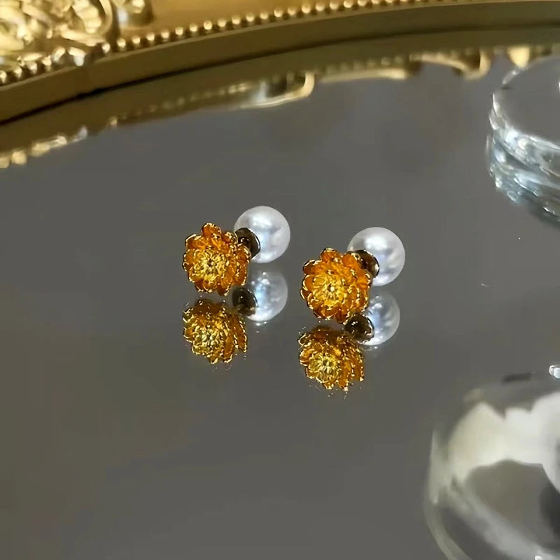 14K Gold-Plated Flower Pearl Earrings - elegant Flower Pearl Jacket Earrings