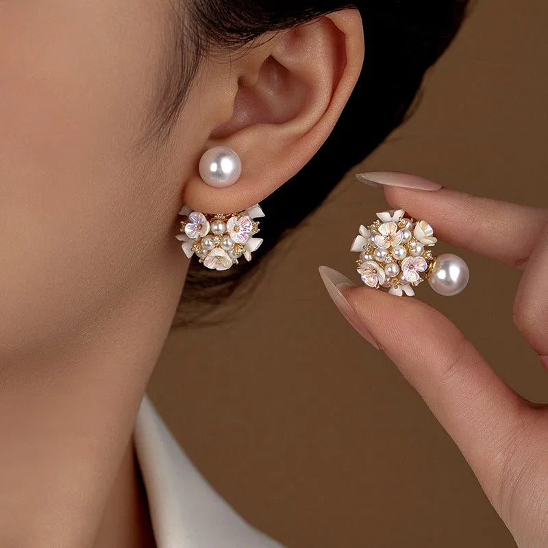 14K Gold-Plated Flower Pearl Jacket Earrings - elegant Flower Pearl Jacket Earrings