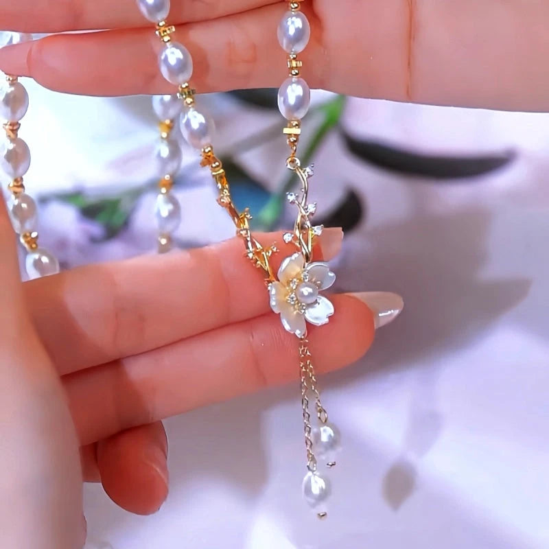 14K Gold-Plated Flower Pearl Necklaces worn to showcase its length and pendant detail