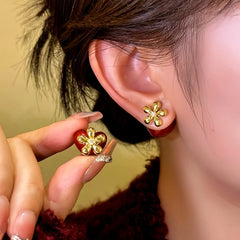 14K Gold-Plated Flower Red Heart Bead Jacket Earrings - elegant Heart Jacket Earrings