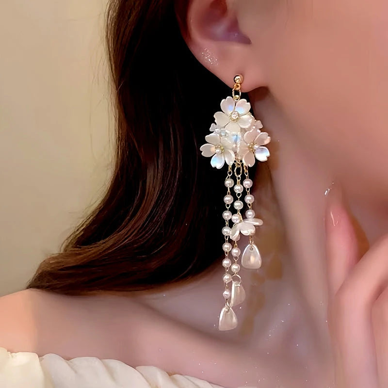 Close-up detail of the sparkling zircons and plating on the Flower Tassel Earrings