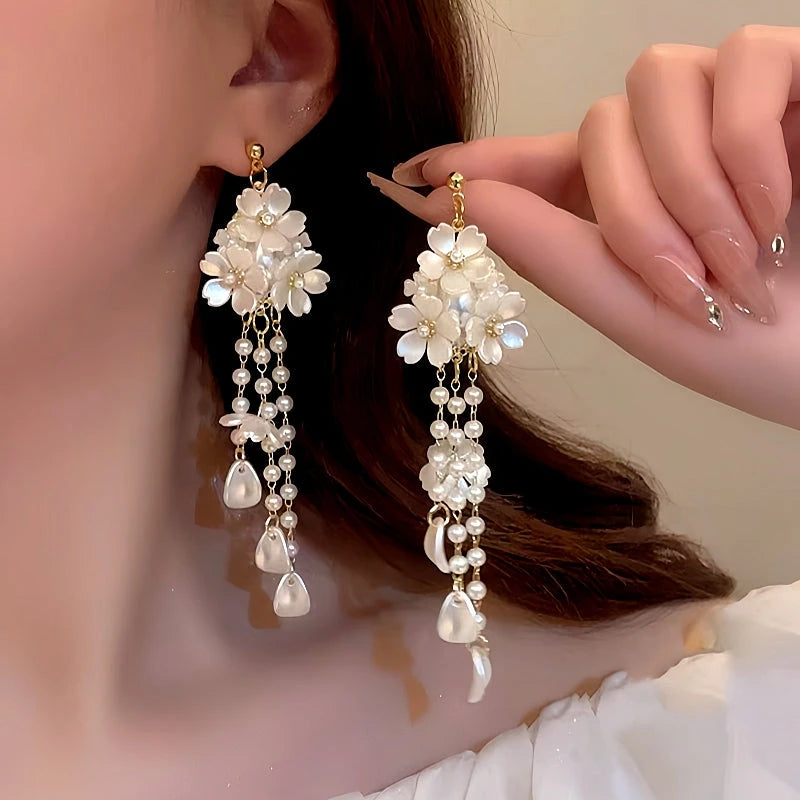 14K Gold-Plated Flower Tassel Earrings - elegant Flower Tassel Earrings