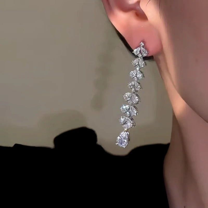 Close-up detail of the sparkling zircons and plating on the Flower Water Drop Earrings