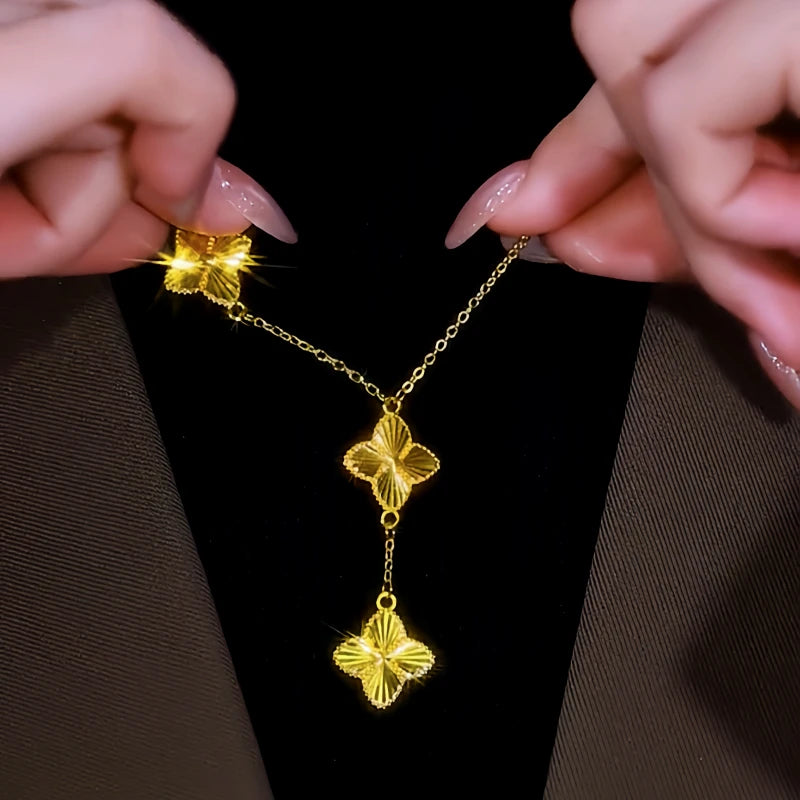 14K Gold-Plated Four-Leaf Clover Necklace worn to showcase its length and pendant detail