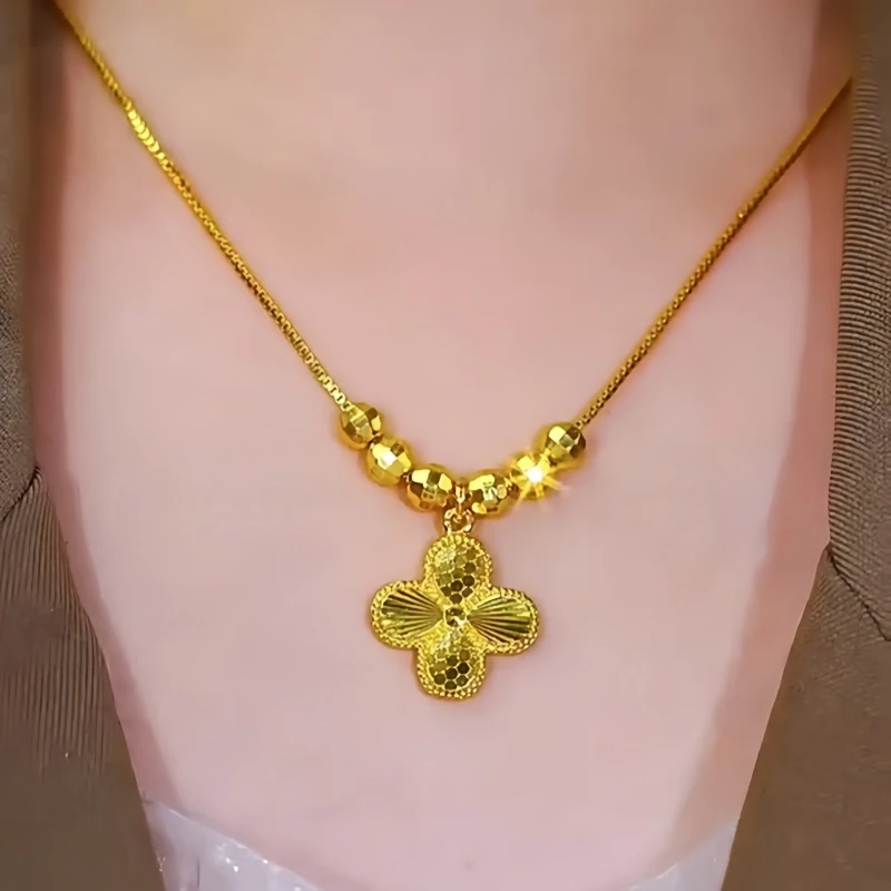 14K Gold-Plated Four-Leaf Clover Pendant Necklace worn to showcase its length and pendant detail