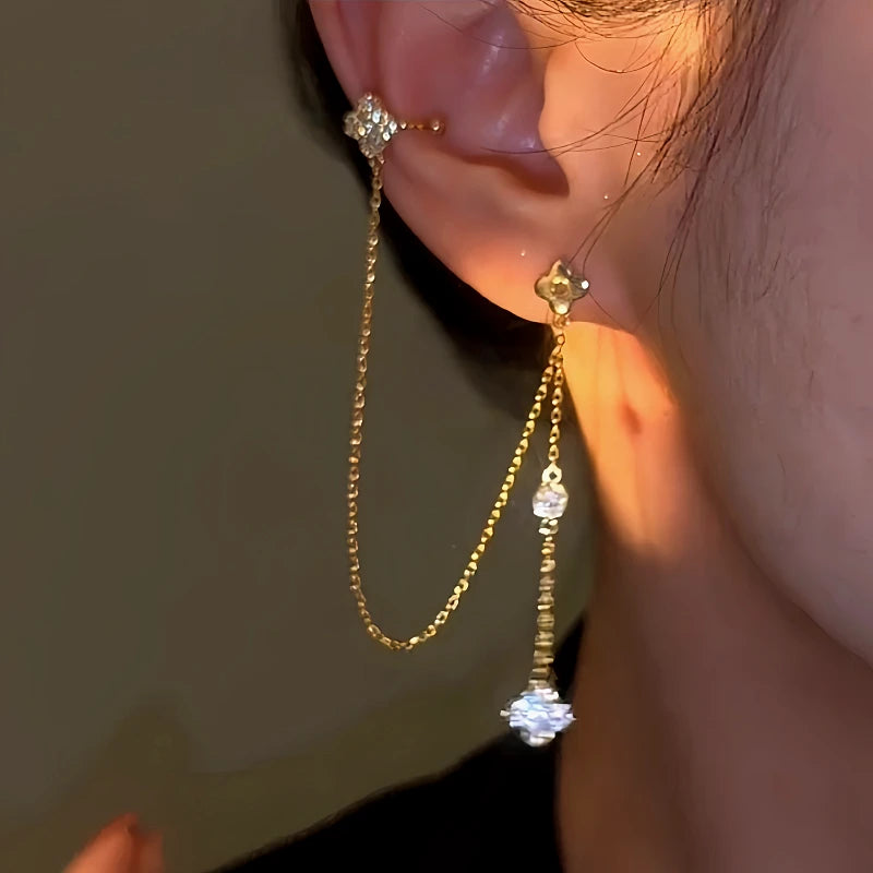 14K Gold-Plated Four-Leaf Clover Tassel Ear Clip Earrings - elegant Clover Tassel Ear Clip