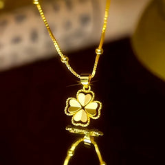 14K Gold-Plated Four-Leaf Pendant Necklace worn to showcase its length and pendant detail