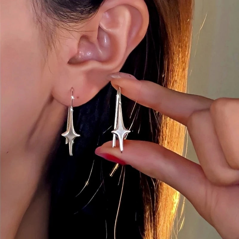 14K Gold-Plated Four-Pointed Star Ear Hook Earrings - elegant Star Ear Hooks