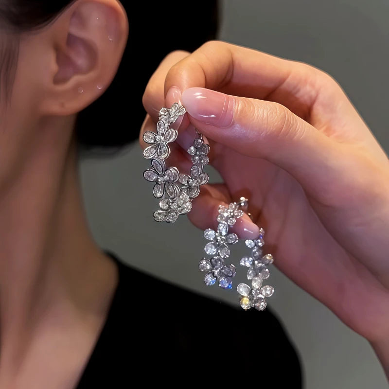 14K Gold-Plated Front And Back Zircon Flower Earrings - elegant Zircon Flower Earrings