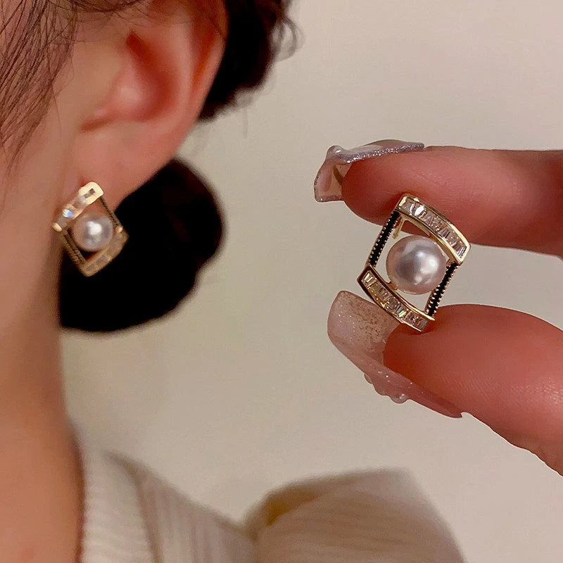 14K Gold-Plated Geometric Zircon Pearl Earrings - elegant Geometric Pearl Studs
