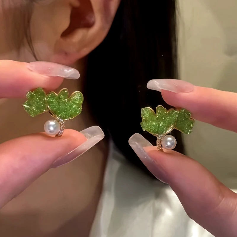14K Gold-Plated Ginkgo Leaf Pearl Earrings - elegant Ginkgo Leaf Pearl