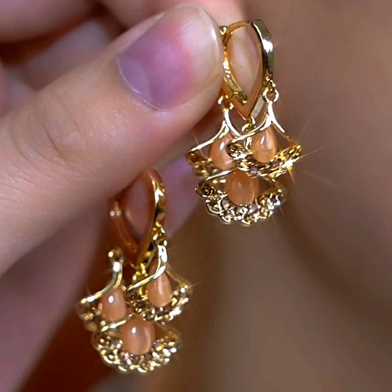 14K Gold-Plated Ginkgo Leaf Tassel Earrings - elegant Brown Ginkgo Tassel