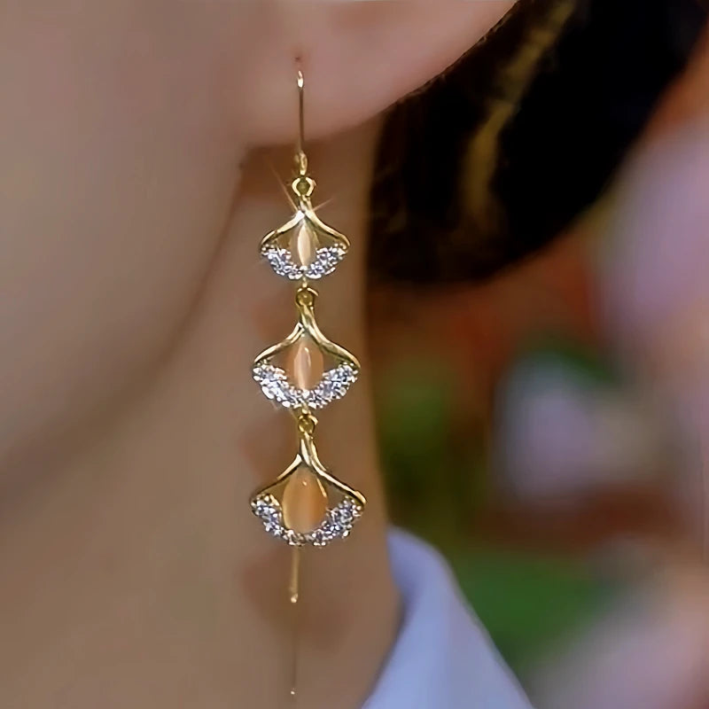 14K Gold-Plated Ginkgo Leaf Tassel Threader Earrings - elegant Ginkgo Tassel Threaders