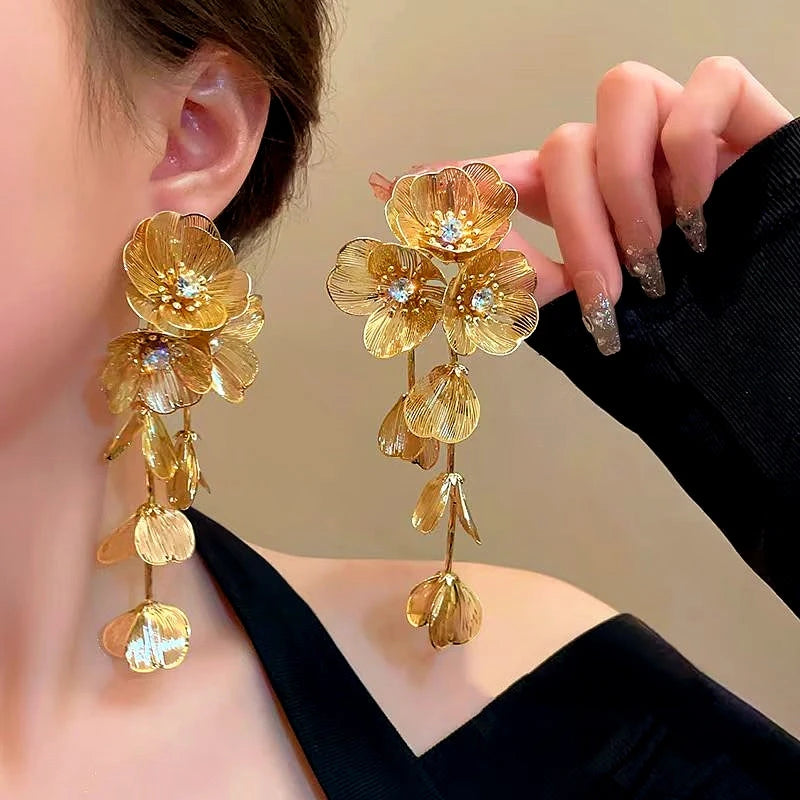 14K Gold-Plated Golden Flower Tassel Earrings - elegant Flower Tassel Earrings