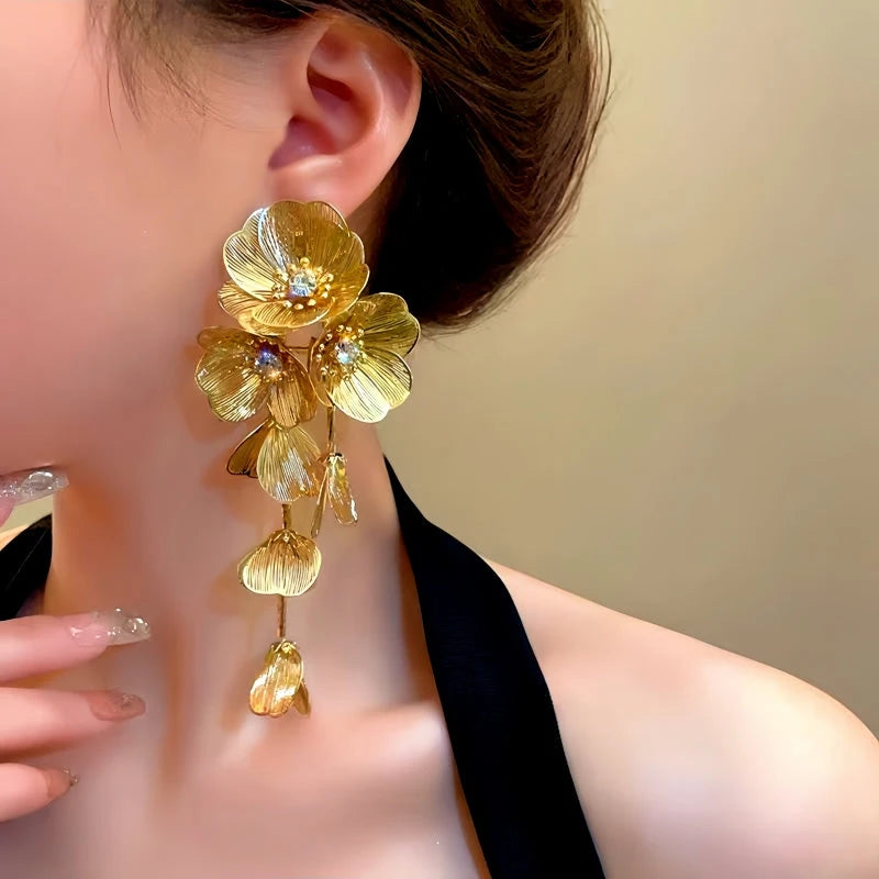 Close-up detail of the sparkling zircons and plating on the Flower Tassel Earrings