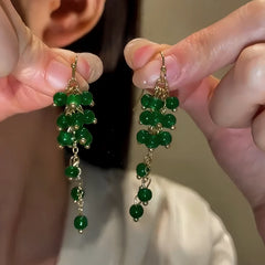 14K Gold-Plated Grape Glass Bead Tassel Ear Hook Earrings - elegant Grape Bead Ear Hooks