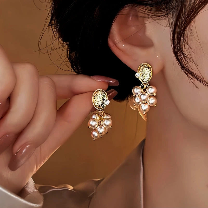 14K Gold-Plated Grapes Pearl Tassel Earrings - elegant Pearl Grape Tassel