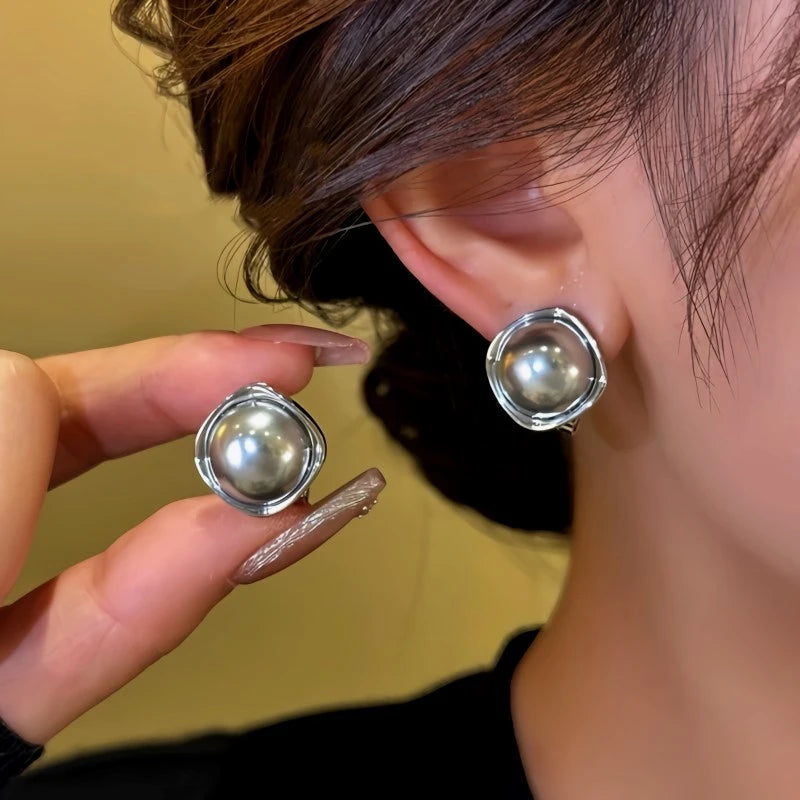 14K Gold-Plated Gray-Tone Bead Earrings - elegant Gray Bead Studs