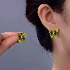 14K Gold-Plated Green Crystal Butterfly Stud Earrings - elegant Butterfly Studs