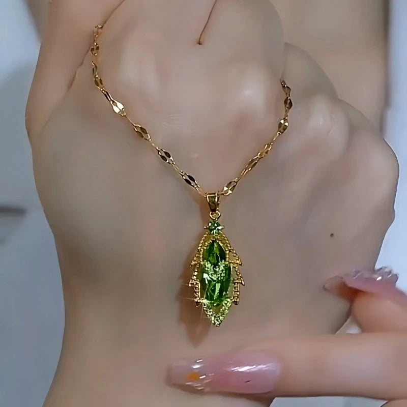 14K Gold-Plated Green Diamond Leaf Pendant Necklace - beautiful Green Leaf Necklace