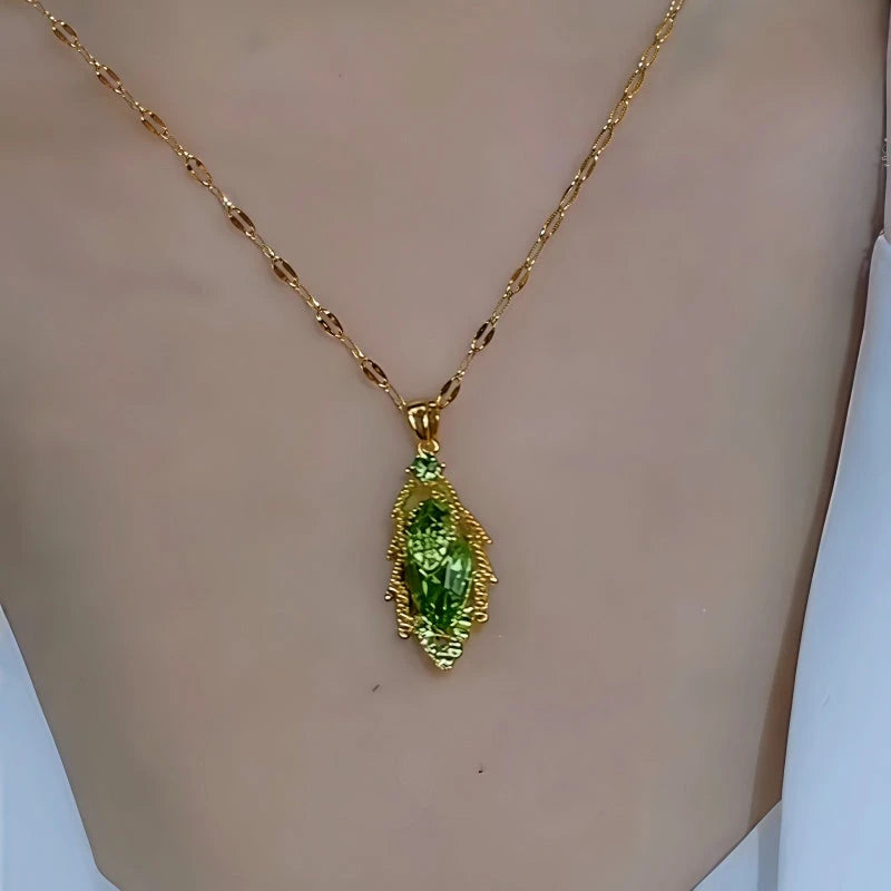 14K Gold-Plated Green Diamond Leaf Pendant Necklace worn to showcase its length and pendant detail