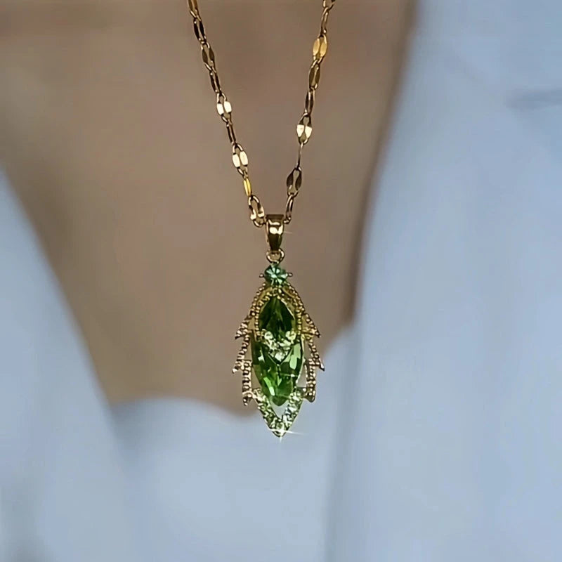 Close-up of the pendant and clasp on the Green Leaf Necklace