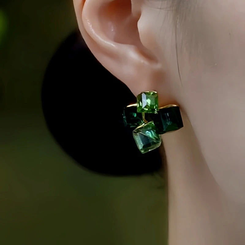 Close-up detail of the sparkling zircons and plating on the Green Diamond Studs