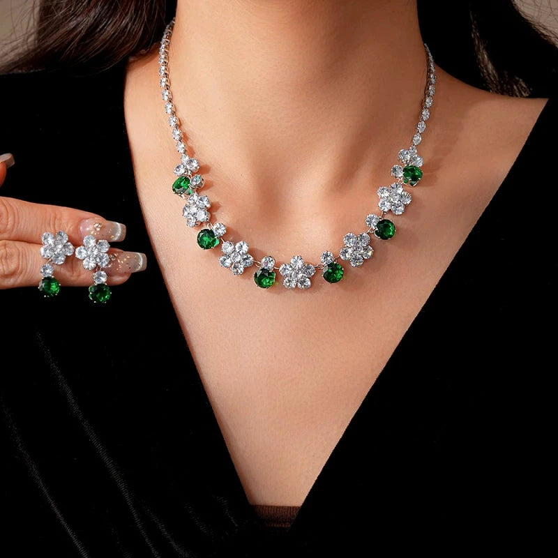 14K Gold-Plated Green Diamond Zircon Flower Necklace And Earring Set - beautiful Green Flower Set