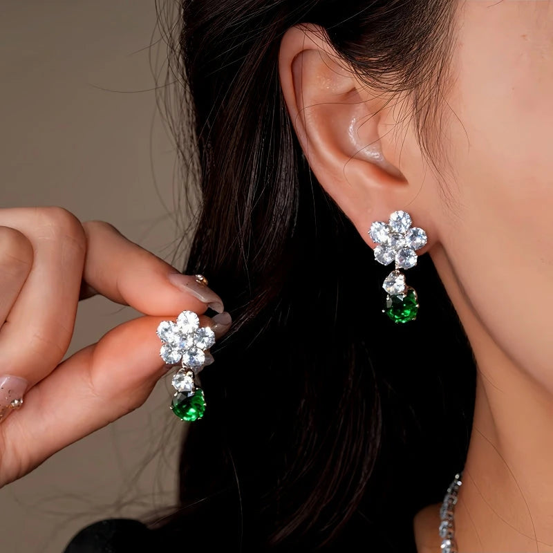 14K Gold-Plated Green Diamond Zircon Flower Necklace And Earring Set worn to showcase its length and pendant detail