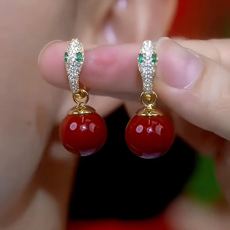 14K Gold-Plated Green Eye Snake-Shaped Pearl Earrings - elegant Snake Pearl Earrings