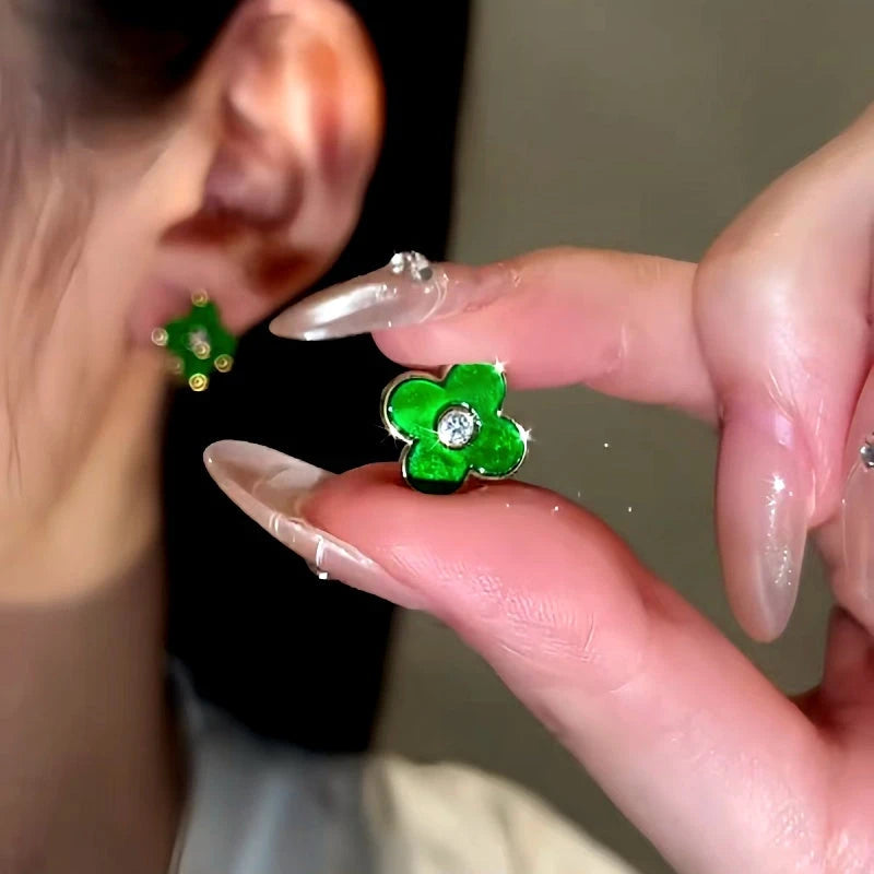 14K Gold-Plated Green Four-Leaf Stud Earrings - elegant Green Clover Studs