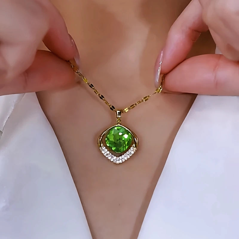 14K Gold-Plated Green Geometric Crystal Necklace worn to showcase its length and pendant detail