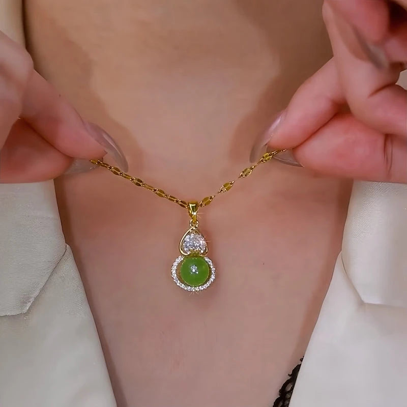 14K Gold-Plated Green Gourd Pendant Necklace - beautiful Green Gourd Pendant