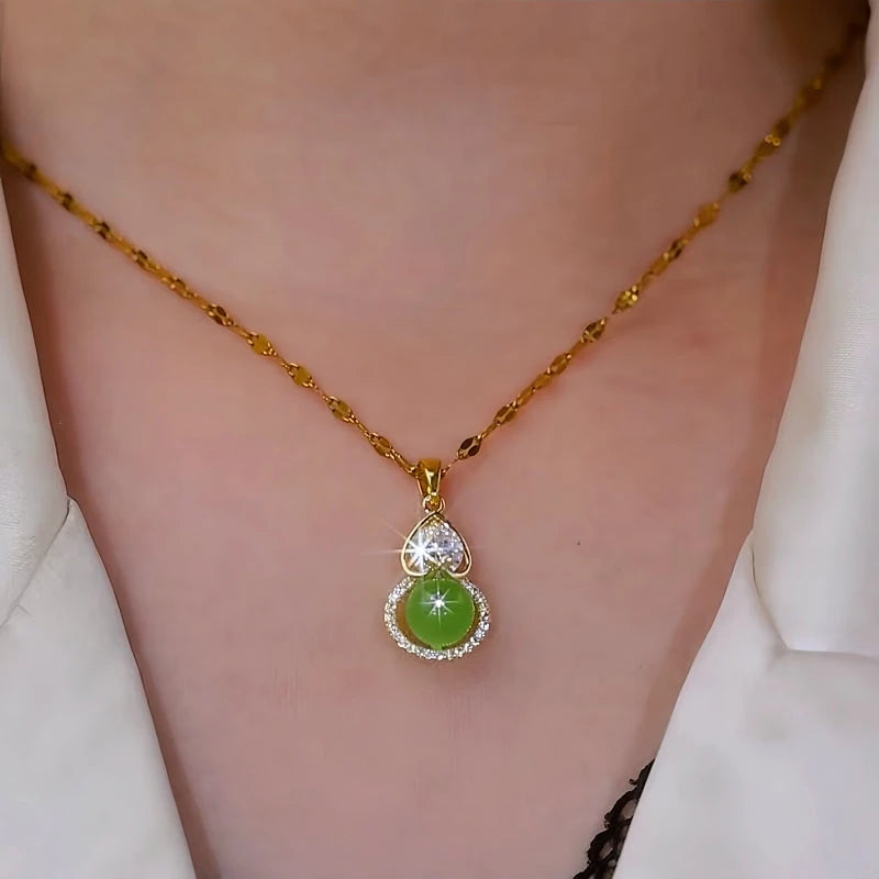 14K Gold-Plated Green Gourd Pendant Necklace worn to showcase its length and pendant detail